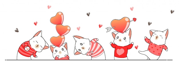 Vector greeting banner with cat characters for valentines day