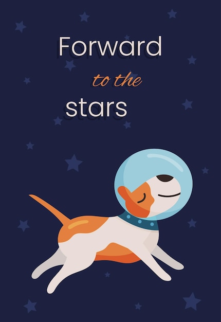 Greeting birthday card template. Happy cute dog astronaut on blue background and space stars