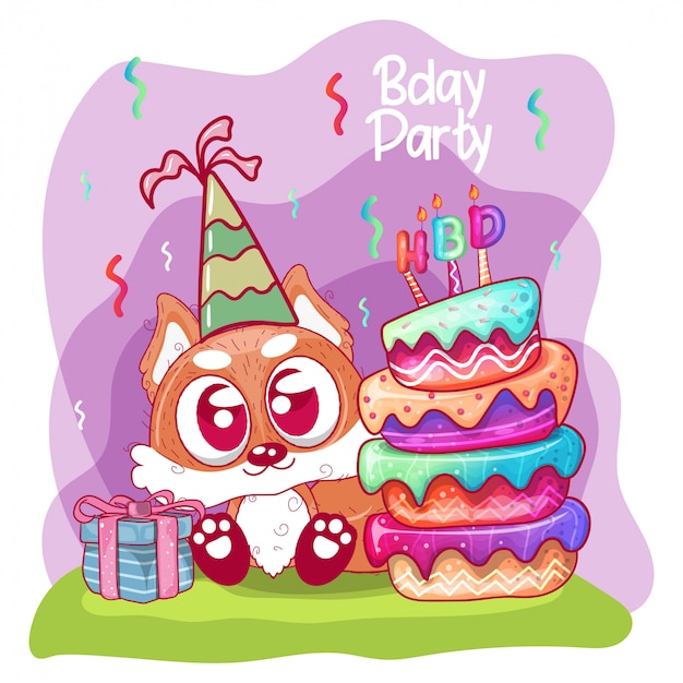 Greeting birthday card with cute  fox