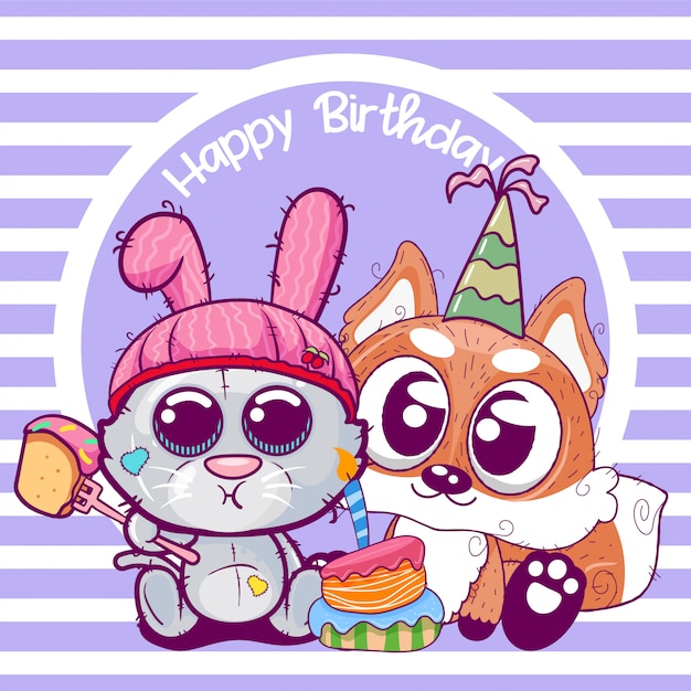 かわいい子猫とキツネの誕生日グリーティングカード