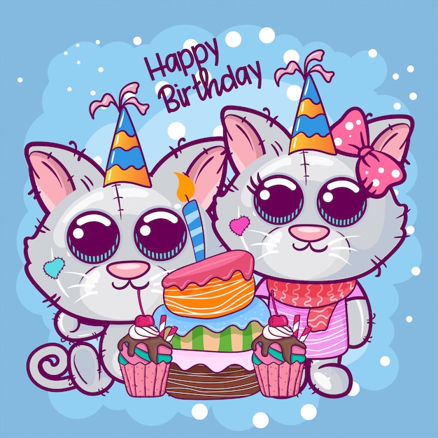 Vector greeting birthday card with cute kitten