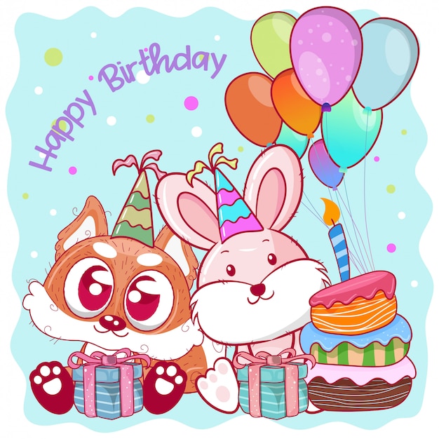 Greeting birthday card with cute rabbit and fox 