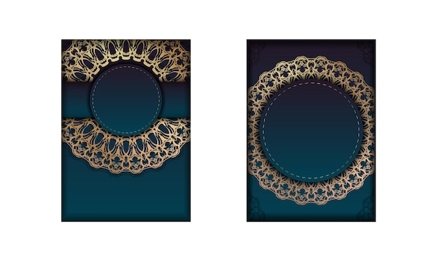 타이포그래피를 위해 준비된 추상 골드 패턴이 있는 그라데이션 블루 색상의 인사말 브로셔 템플릿.