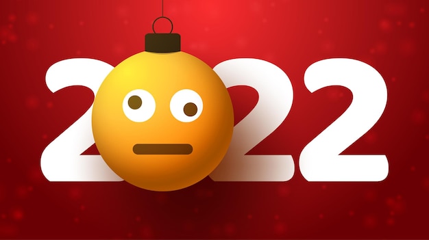 Biglietto di auguri per il nuovo anno 2022 con faccia emoji confusa che pende da un filo come un giocattolo, una palla o una pallina di natale. illustrazione di vettore di concetto di emozione del nuovo anno