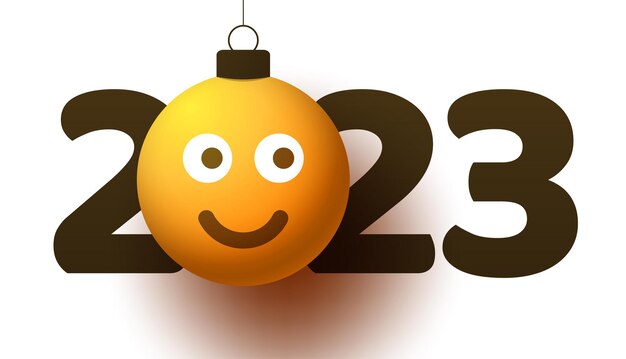 Greeting card for 2023 new year with smiling emoji face that hangs on thread like a christmas toy ball or bauble new year emotion concept vector illustration