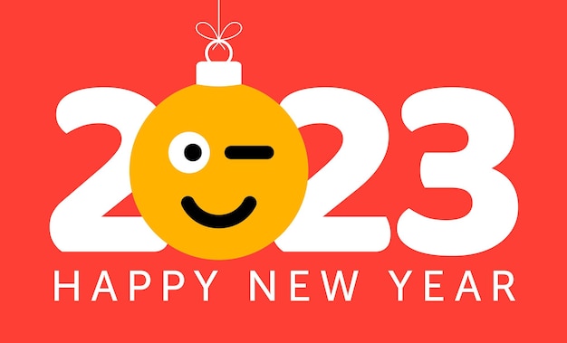 크리스마스 장난감 공이나 값싼 물건처럼 실에 매달린 웃는 이모티콘 얼굴로 2023년 새해 인사말 카드 새해 감정 개념 벡터 그림