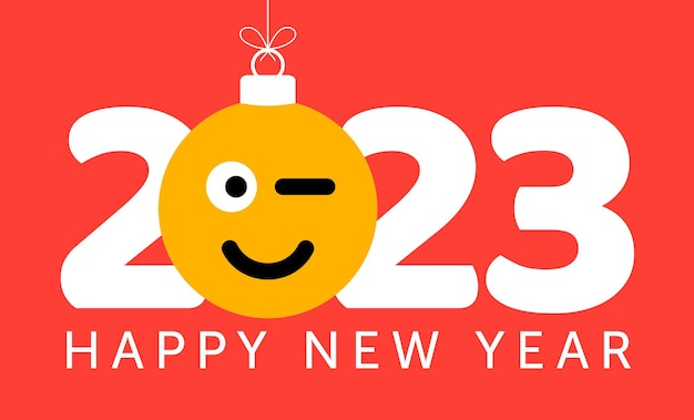 Greeting card for 2023 new year with smiling emoji face that hangs on thread like a christmas toy ball or bauble New year emotion concept vector illustration