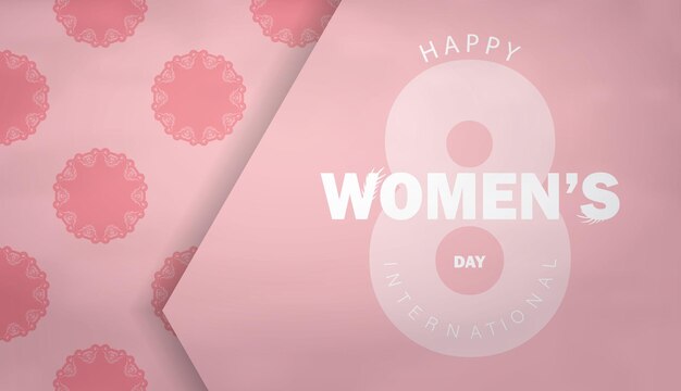 Greeting card 8 march international womens day pink color with luxury ornaments