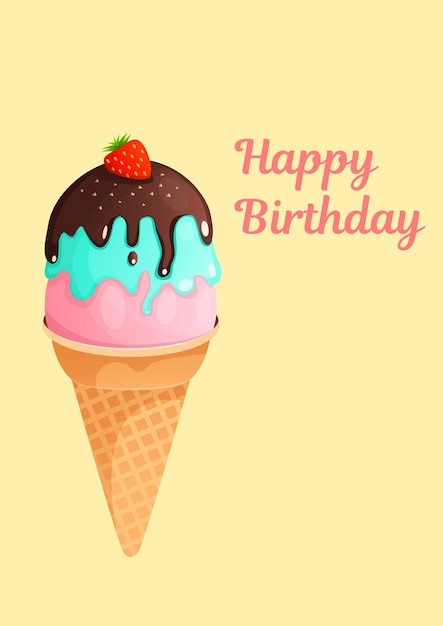 Biglietto di auguri compleanno e altre festività su sfondo giallo. modello di biglietto di auguri in formato a4. il testo dell'illustrazione vettoriale può essere aggiunto, modificato. gelato per un biglietto di auguri, menu, pubblicità.