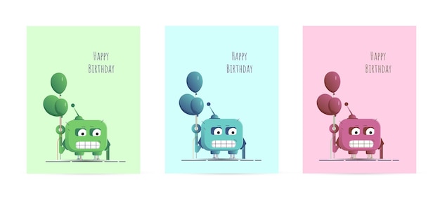 인사말 카드 생일 템플릿 로봇 및 풍선 그림