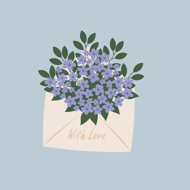 Vettore biglietto di auguri bouquet di fiori lilla nella busta su sfondo azzurro bouquet di fiori primaverili all'interno della busta e altri elementi decorativi stile taglio carta invio lettere d'amore con amore