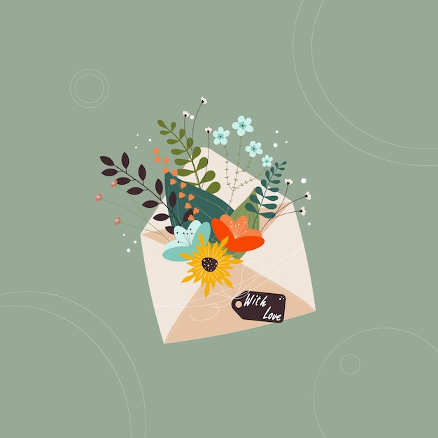 인사말 카드 올리브 배경에 있는 봉투에 있는 야생 꽃 꽃다발 봉투 및 기타 장식 요소 안에 있는 봄 꽃 꽃다발 러브레터를 보내는 종이 컷 스타일