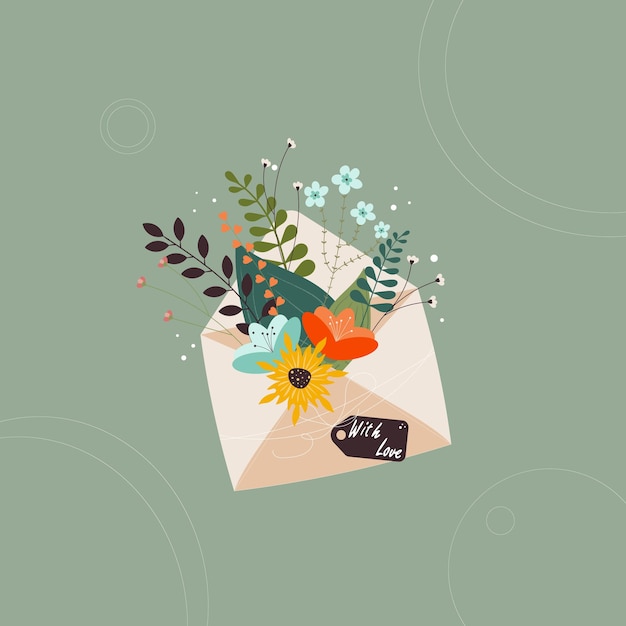 Vector greeting card bouquet of wild flowers in the envelope on olive background spring flowers bouquet inside the envelope and other decor elements paper cut style sending love lettering