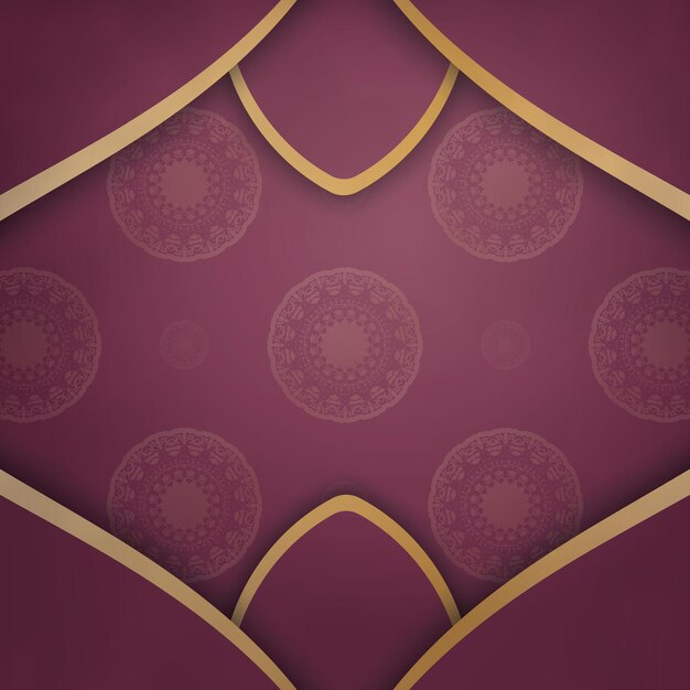 Greeting card in burgundy color with abstract gold ornament for your design.