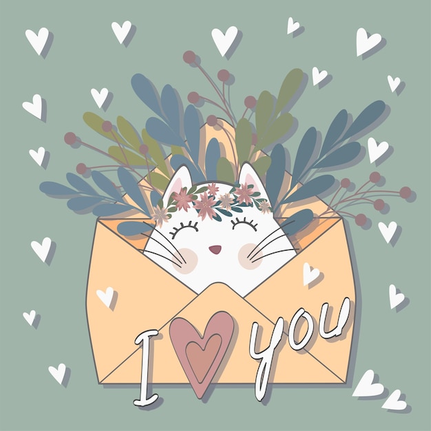 Vector greeting card cat with white hearts and envelope