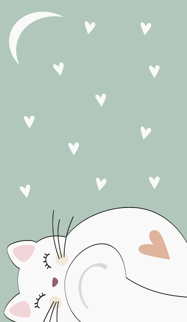 Vector greeting card cat with white hearts and wings