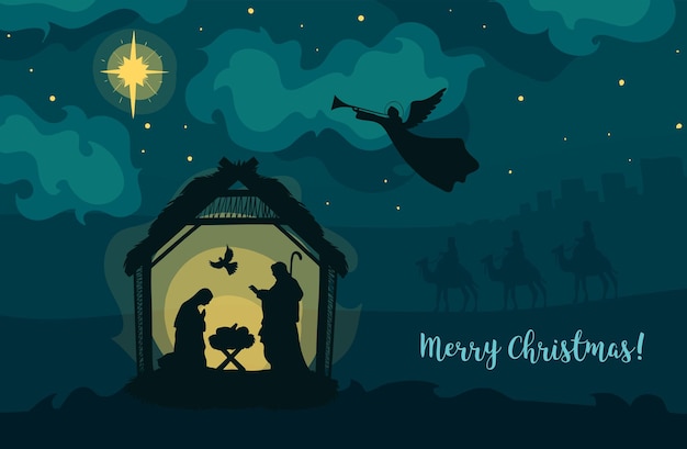 向量圣诞贺卡的基督教诞生婴儿耶稣和玛丽和约瑟夫神圣的夜晚