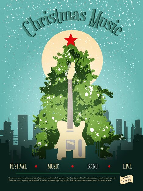 Cartolina d'auguri concetto di musica natalizia con chitarra e albero di natale