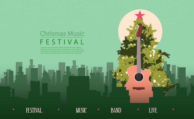 Greeting card christmas music concept with guitar and christmas tree