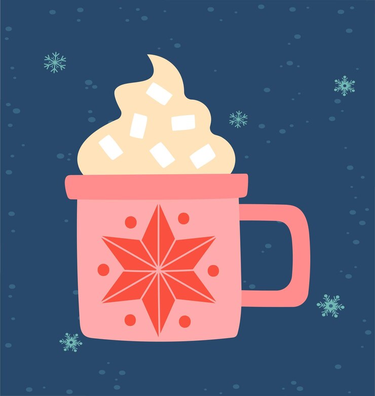 Vector greeting card for christmas and new year with cute cup with hot coffee with marshmallow blue