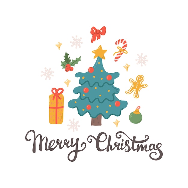 Greeting card Christmas tree with gifts decorations and snowflakes hand lettering Merry Christmas