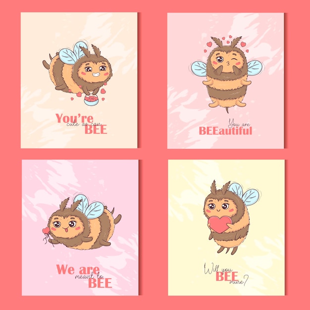 Vector greeting card collection with cartoon cute bee in love for valentine's day with funny puns animal themed sayings