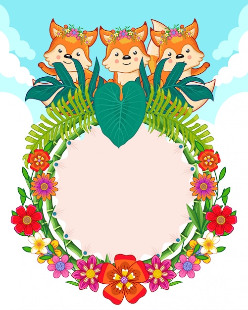 Vector greeting card of cute foxes and flowers