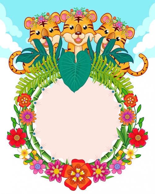 Открытка с милыми тиграми и цветами
