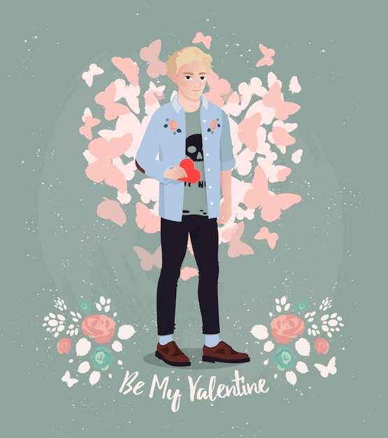 Greeting card design. valentine vector print with hipster boy he is holding a love confession.