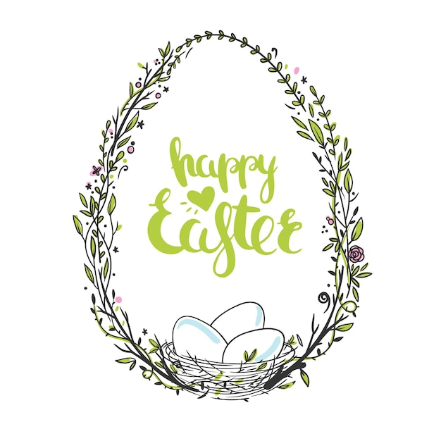 벡터 꽃 화환, 새 둥지, 계란 및 손으로 그린 글자와 부활절 인사말 카드. 벡터 아트