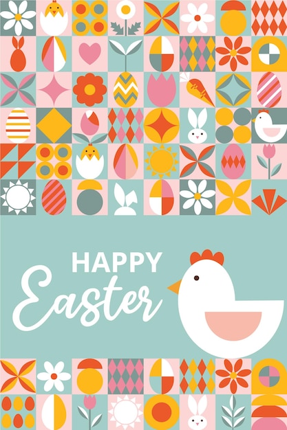 Поздравительная карточка с геометрическими иконами яиц, кроличьих цветов, курицы в стиле Баухауса на Счастливую Пасху