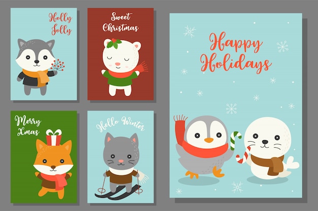 Greeting card hand drawn doodle christmas set with cute character