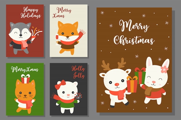 Greeting card hand drawn doodle christmas set with cute character