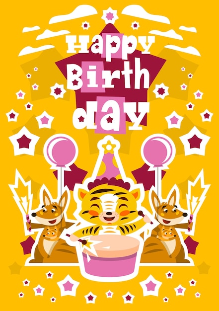 Greeting card happy birthday designed for printing invitations wishes lion drumming kangaroo and her baby squib balloon explosion fireworks stars orange background vector illustration