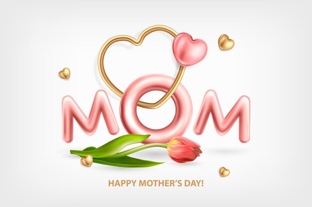Greeting card to Happy Mothers Day Inscription MOM gold and pink hearts and flower of spring tulip