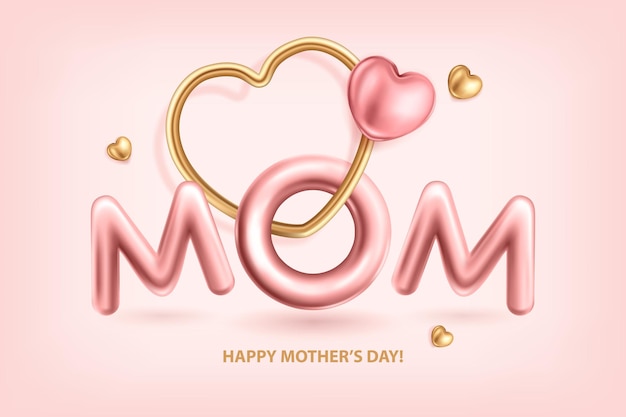 Greeting card to Happy Mothers Day Inscription MOM gold and pink hearts on a rose background