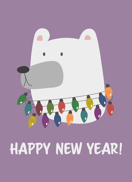 Vettore biglietto d'auguri felice anno nuovo testa di orso polare bianco illustrazione vettoriale di simpatico orso cartone animato con luci natalizie per stampe di biglietti d'auguri