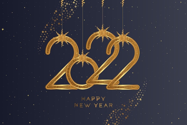 Greeting card for Happy New Year with golden sign 2022 on a dark background. Flat vector illustration EPS10.