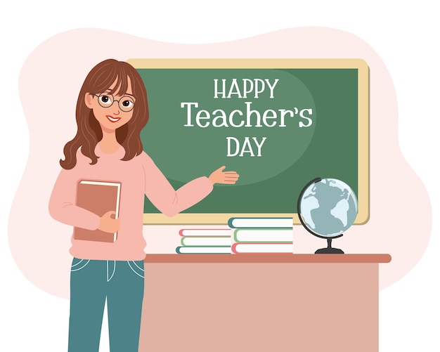 Greeting card Happy Teacher's Day Woman teacher at the blackboard in the classroom