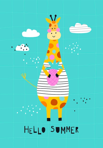 Greeting card hello summer with cute cartoon giraffe vector illustration