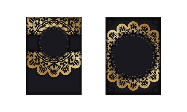 印刷用に準備された金の装飾の曼荼羅と黒い色のグリーティングカード。