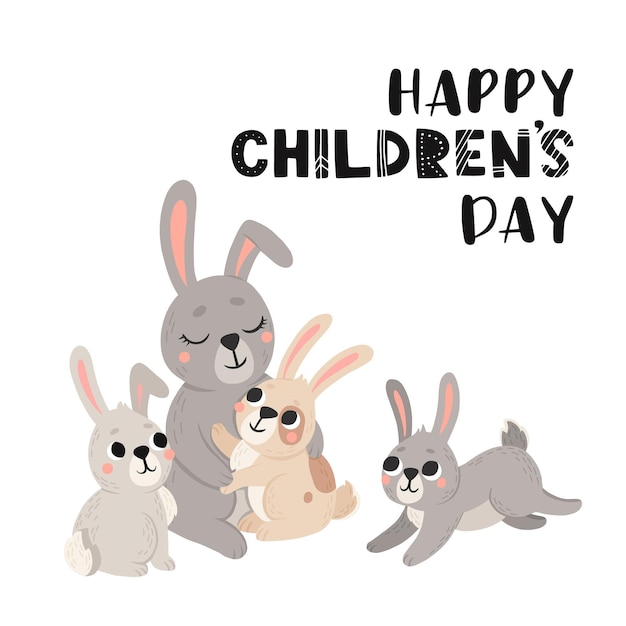 Greeting card for international children's day cute mommy and baby rabbit in cartoon style Hare mom and kid colorful illustration for childrens book postcards and posters