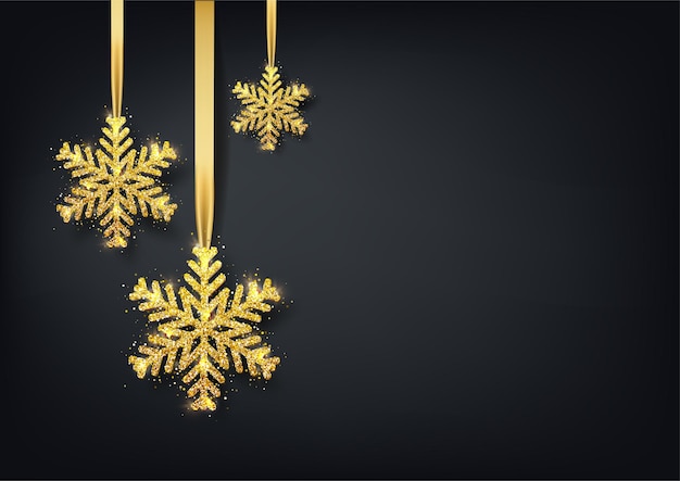 Greeting card, invitation with happy new year and christmas. metallic gold snowflake, shiny confetti on a black background.