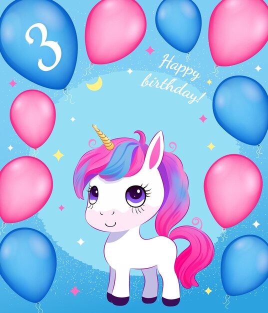 Greeting card for kids with a cute unicorn balloons and stars with text Happy Birthday and number 3