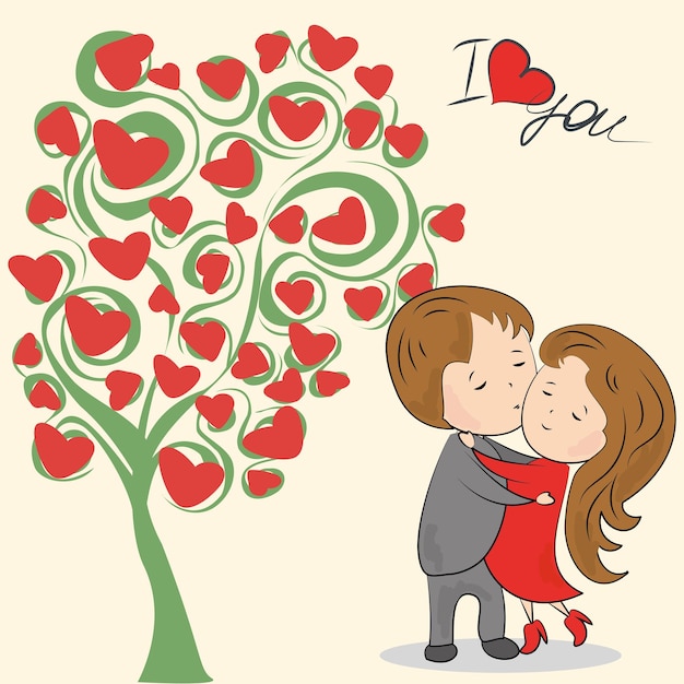 Greeting card love tree inscription i love you loving couple and place for inscription vector