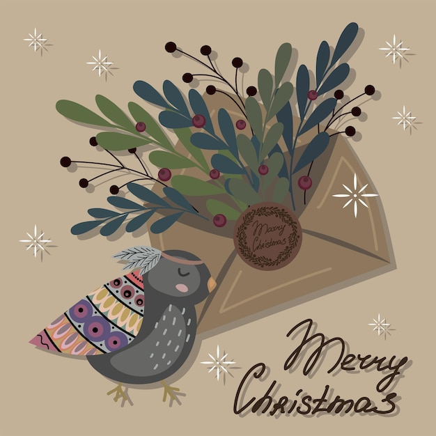 Greeting card merry Christmas bird with the envelope