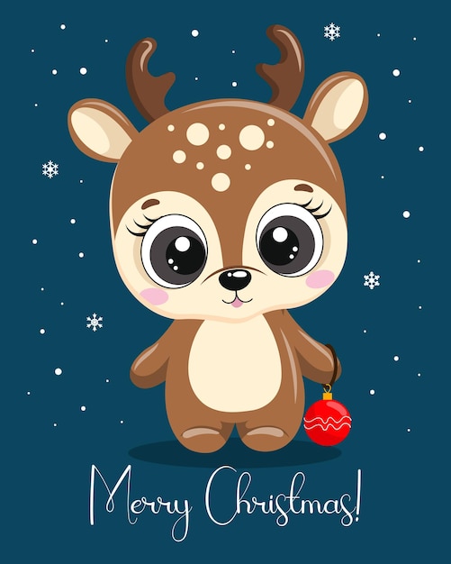 Greeting card merry christmas, cute little deer with a red christmas ball on a blue background