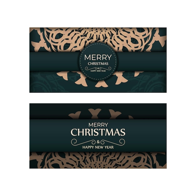 Vector greeting card merry christmas and happy new year in dark green color with vintage yellow pattern