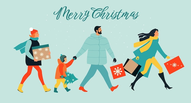 Vector greeting card merry christmas and happy new year. a group of people hurry with gifts to celebrate