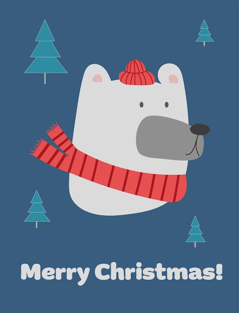 Vettore biglietto d'auguri buon natale bianco testa di orso polare illustrazione vettoriale di simpatico orso cartone animato in caldo cappello rosso e sciarpa per la stampa di biglietti d'auguri